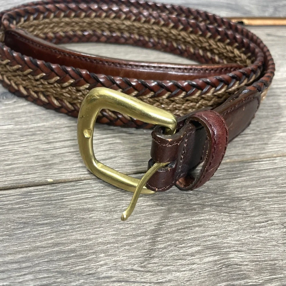 Brighton Belt Mens 38 Brown Woven Leather Brass Buckle Designer Classic Wedding